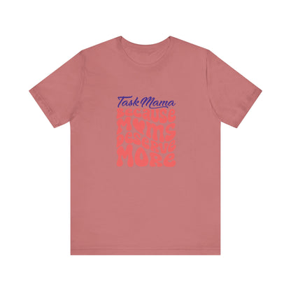 Pink t-shirt with blue and red text on a white background