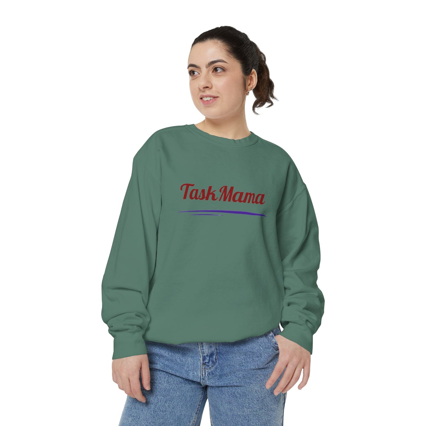 Person wearing a green sweatshirt with 'Task Mama' text on a white background