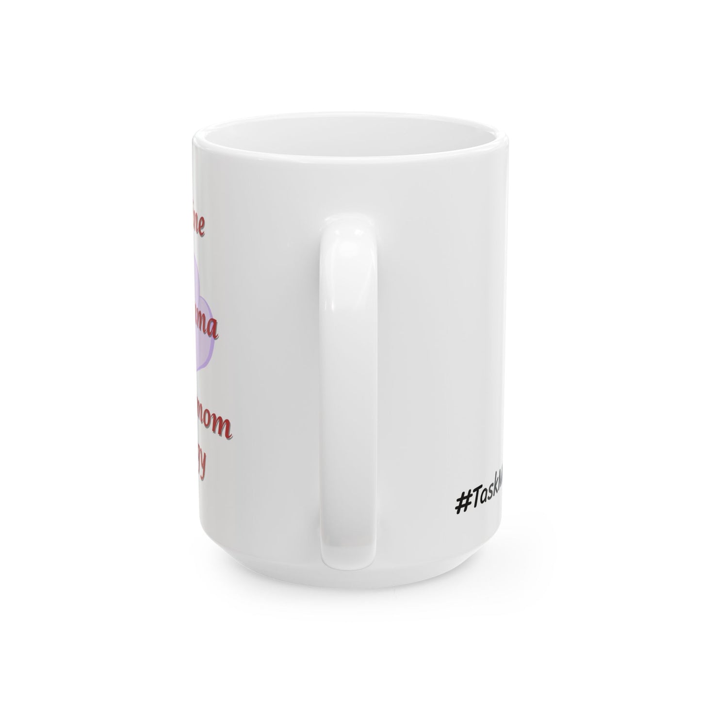 White mug with text and a logo on a white background