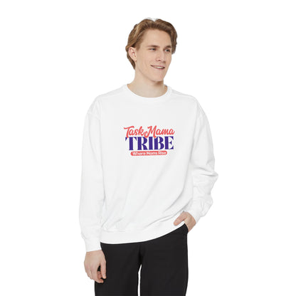Person wearing a white sweatshirt with 'Tash Mama Tribe' text on a white background