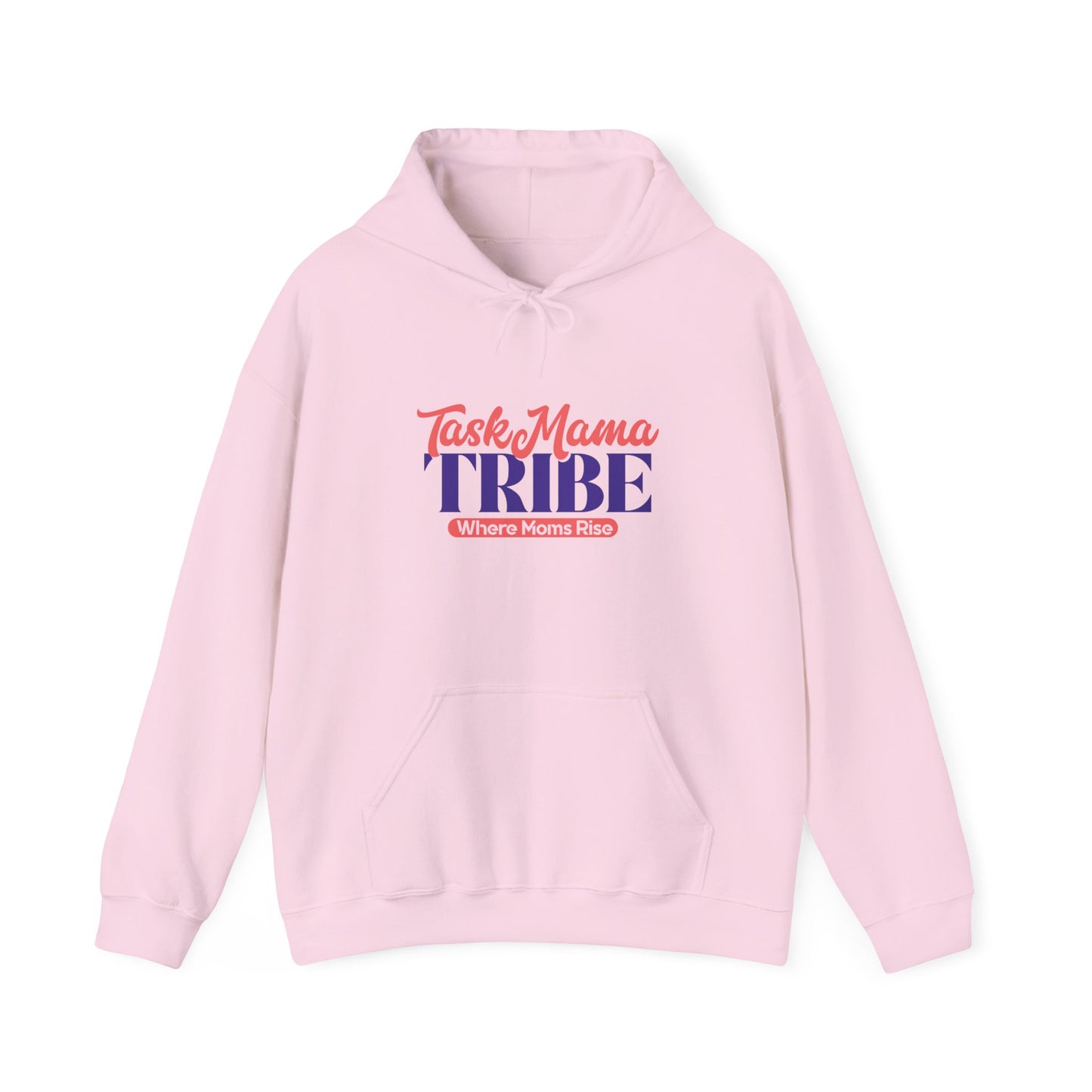 Pink hoodie with 'Task Mama Tribe' text on a white background