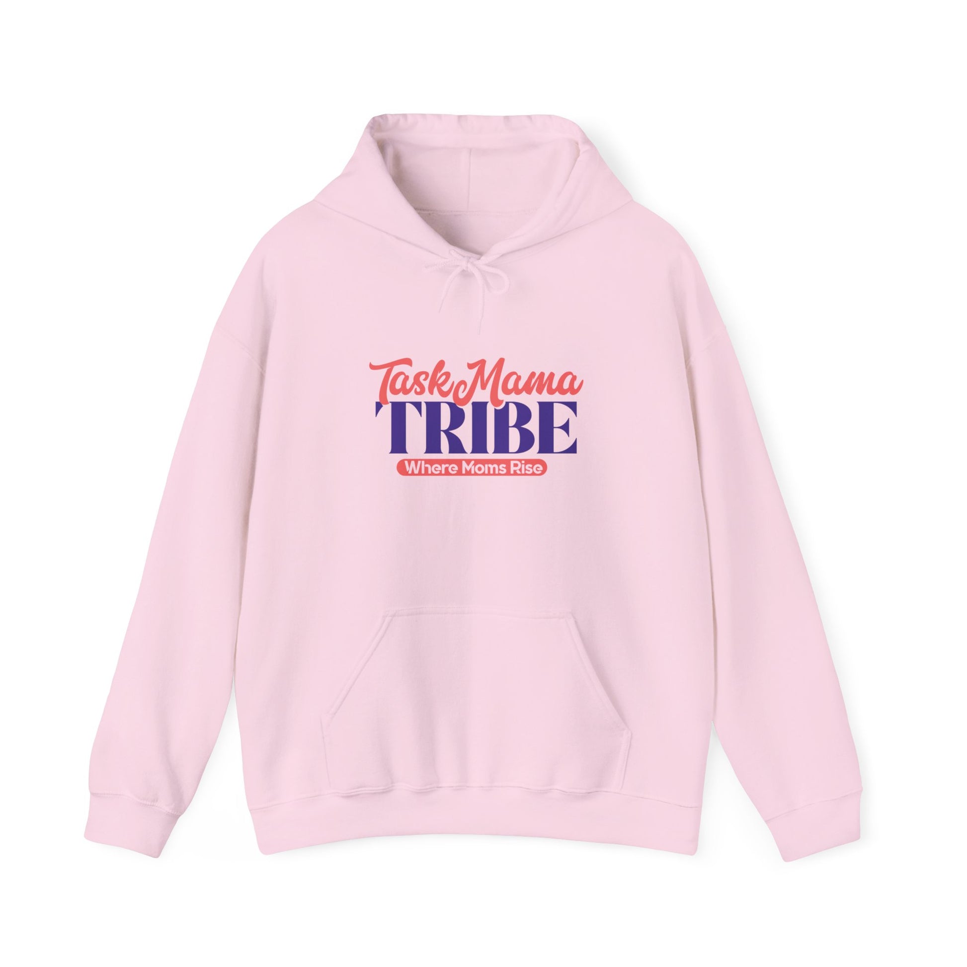 Pink hoodie with 'Task Mama Tribe' text on a white background