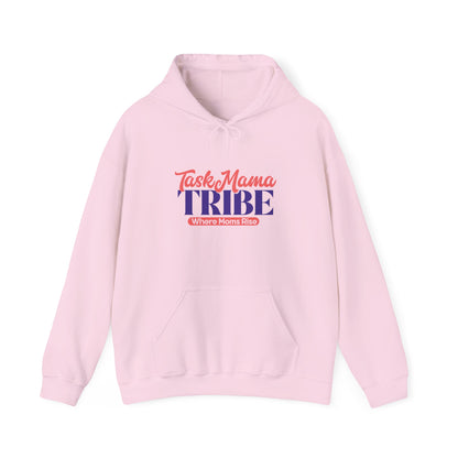 Pink hoodie with 'Task Mama Tribe' text on a white background