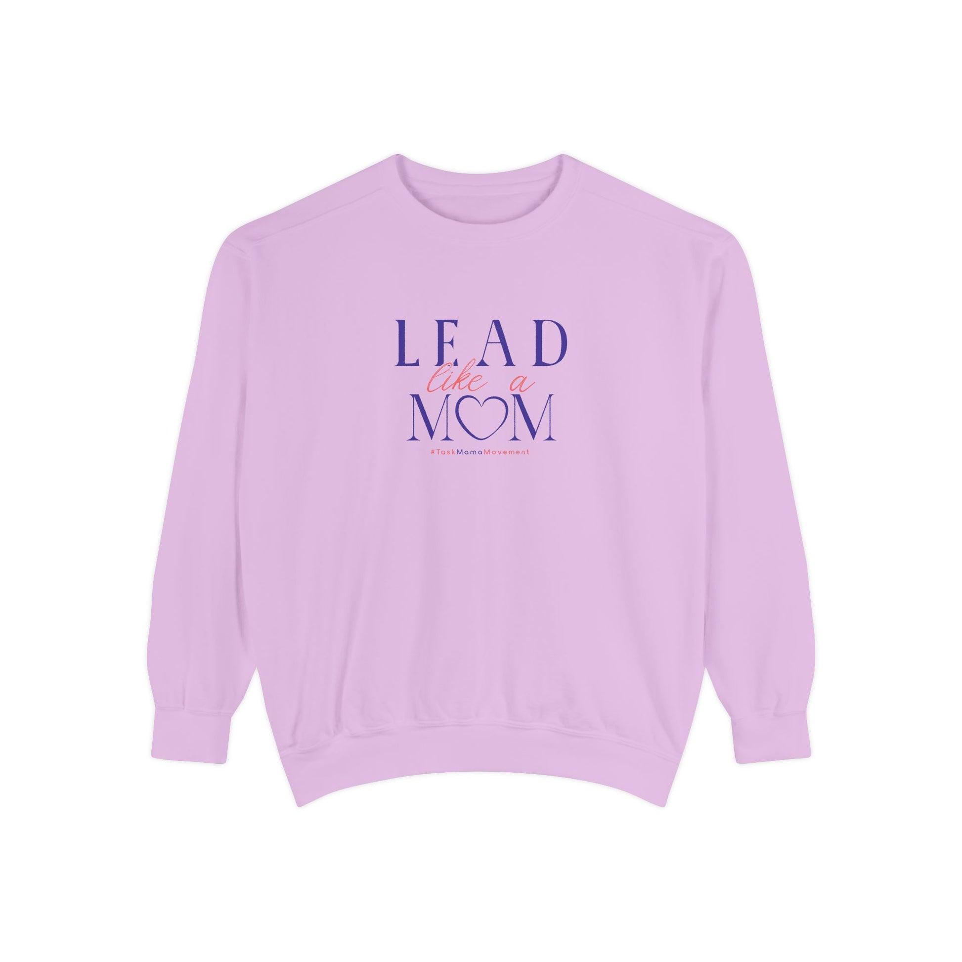 Purple sweatshirt with text 'Lead Like a Mom' on a white background
