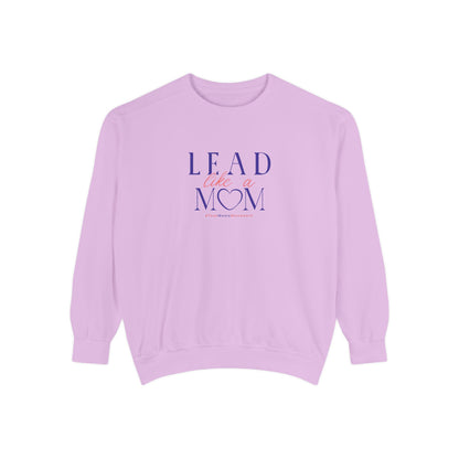 Purple sweatshirt with text 'Lead Like a Mom' on a white background