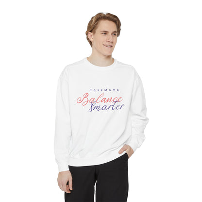 Person wearing a white sweatshirt with 'Take More Balance Smarter' text on a white background