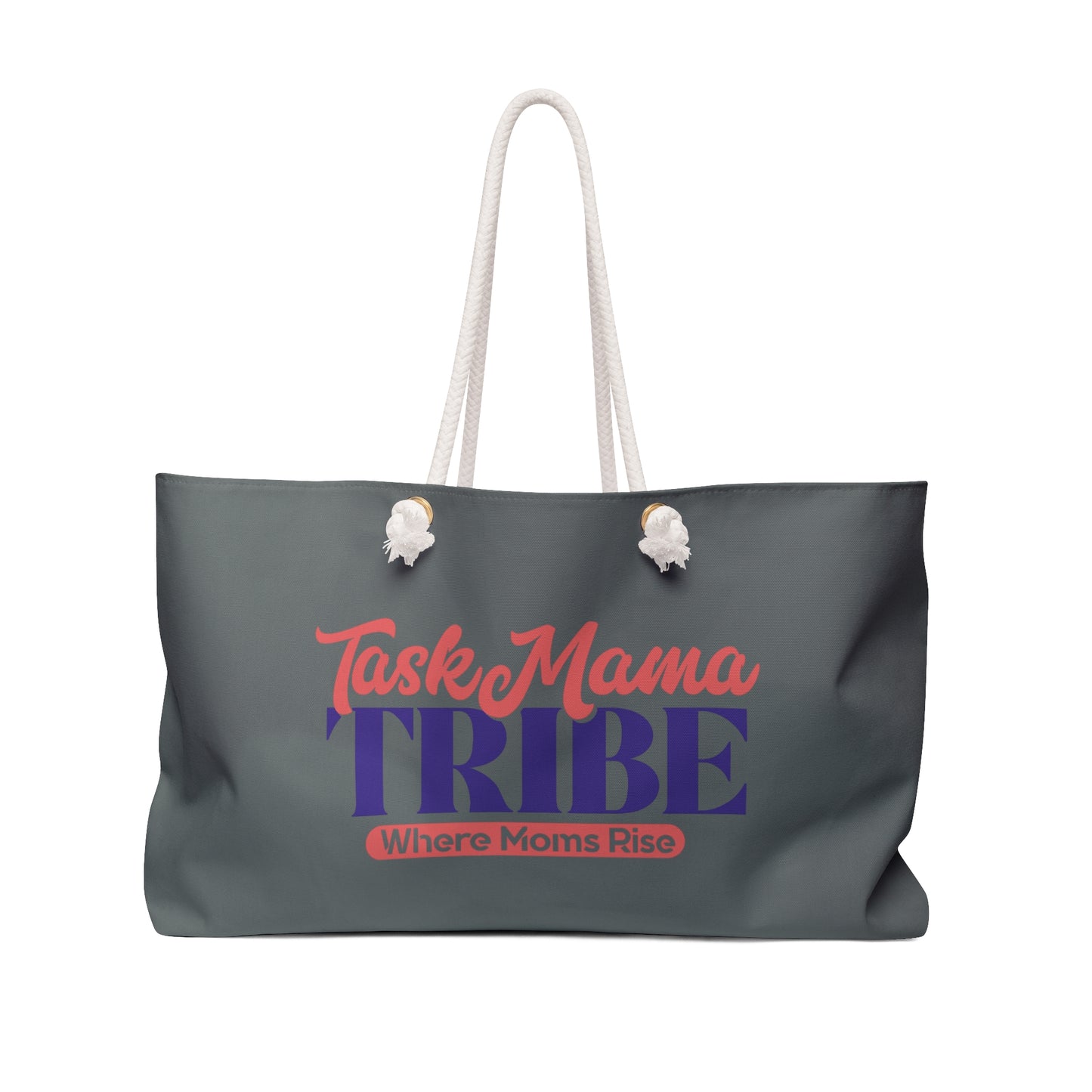 Gray tote bag with 'TaskMama TRIBE Where Moms Rise' text on a white background