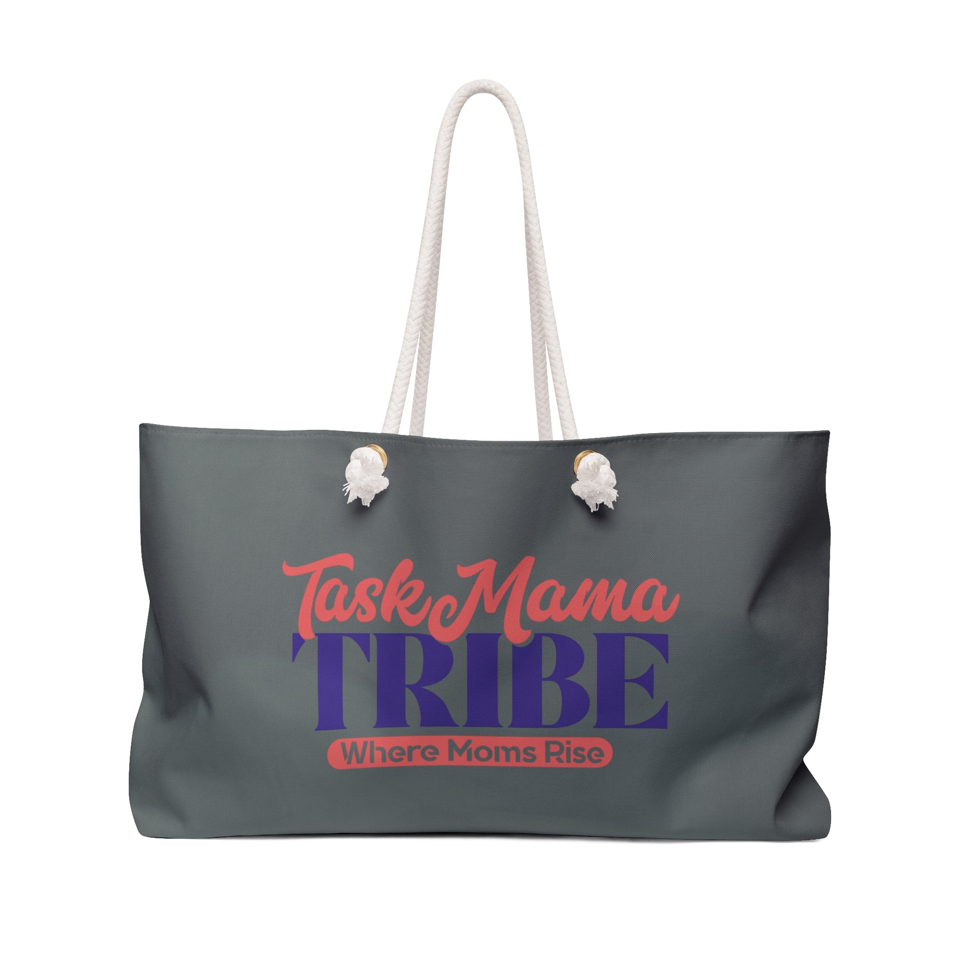 Gray tote bag with 'TaskMama TRIBE Where Moms Rise' text on a white background