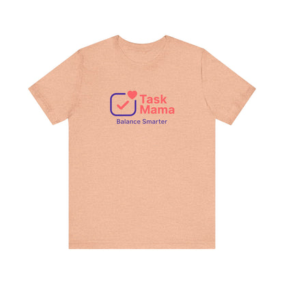 Beige t-shirt with 'Task Mama' logo and text on a white background