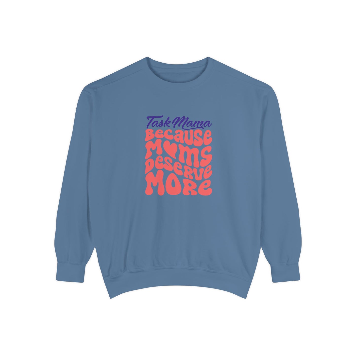 Blue sweatshirt with colorful text on a white background