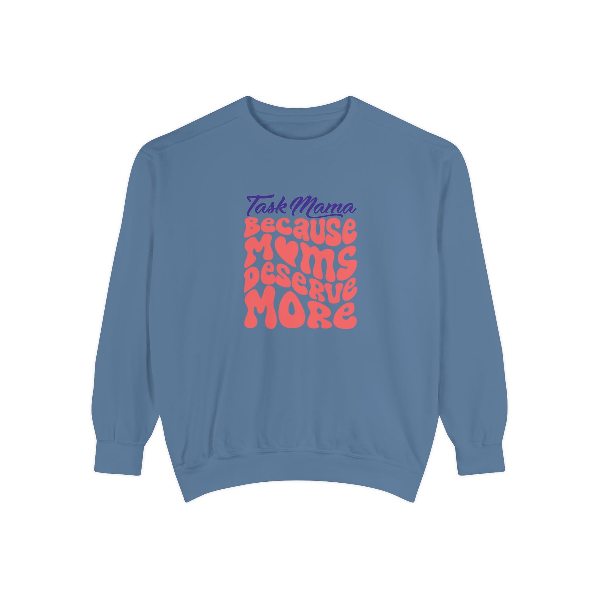Blue sweatshirt with colorful text on a white background