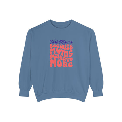 Blue sweatshirt with colorful text on a white background
