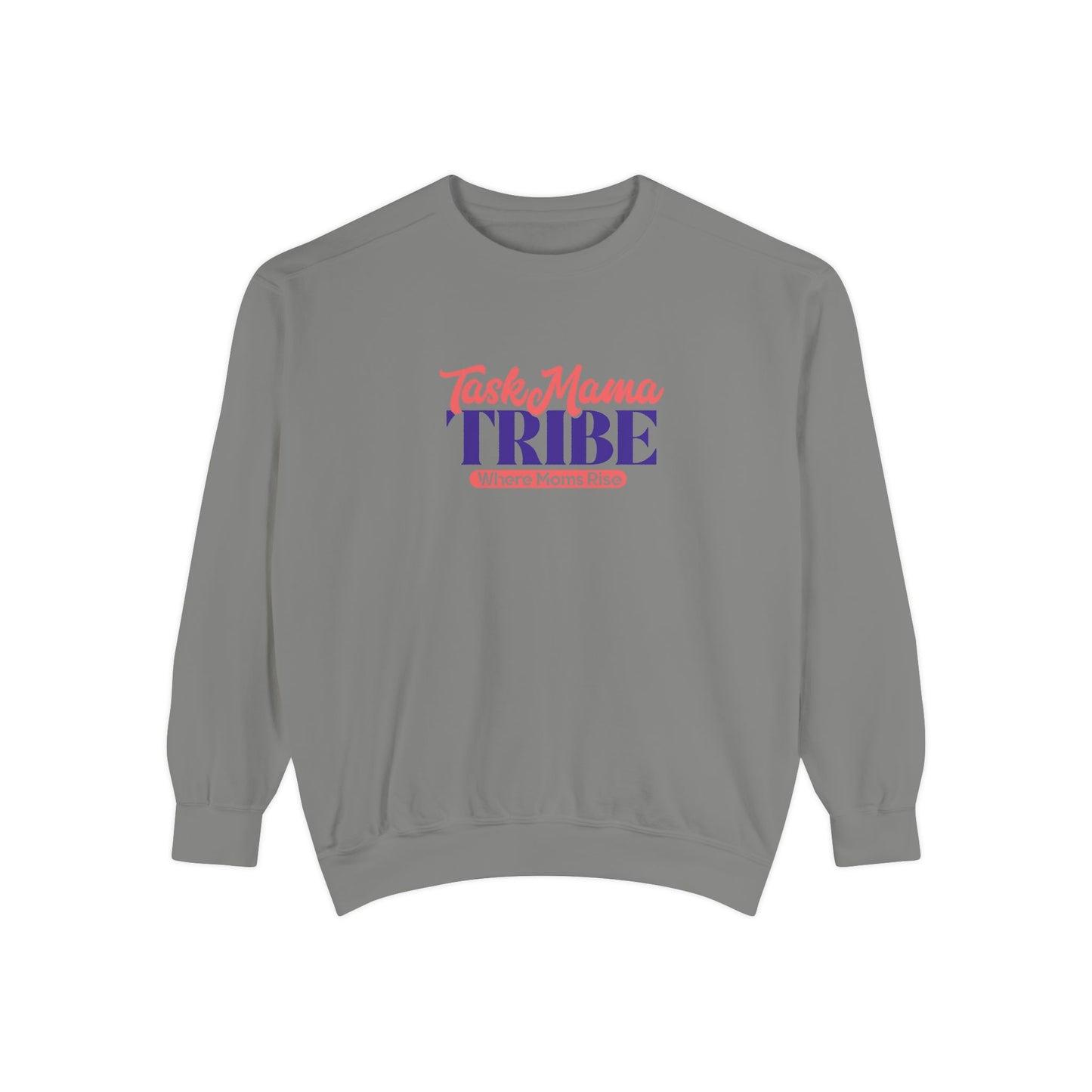 Gray sweatshirt with 'Tast Mama TRIBE' text in red and purple on a white background