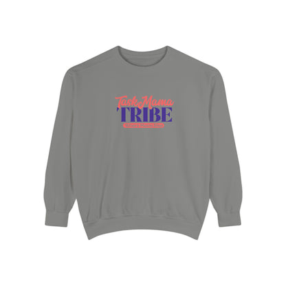 Gray sweatshirt with 'Tast Mama TRIBE' text in red and purple on a white background
