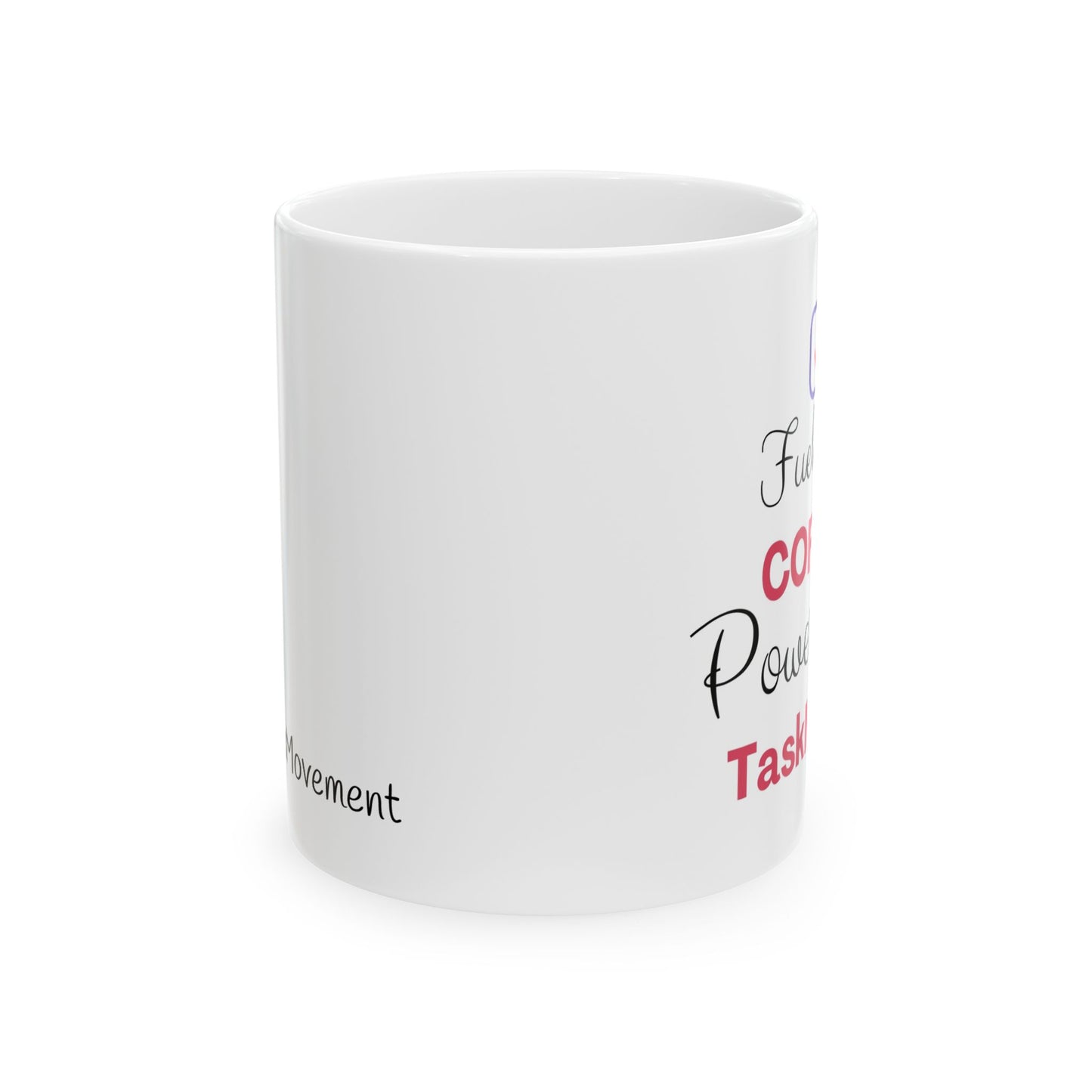 White mug with text on a white background