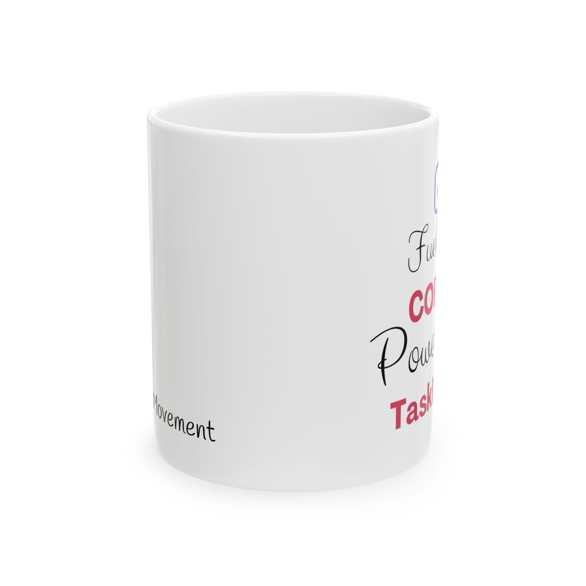 White mug with text on a white background