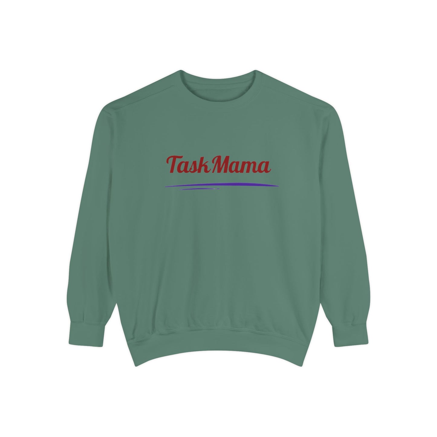 Green sweatshirt with 'Task Mama' text on a white background