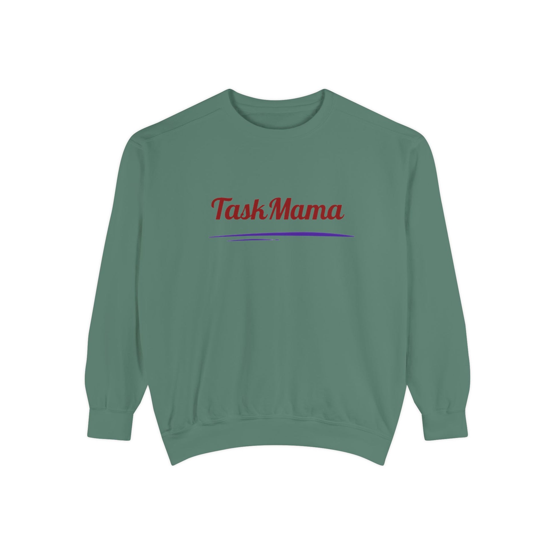 Green sweatshirt with 'Task Mama' text on a white background