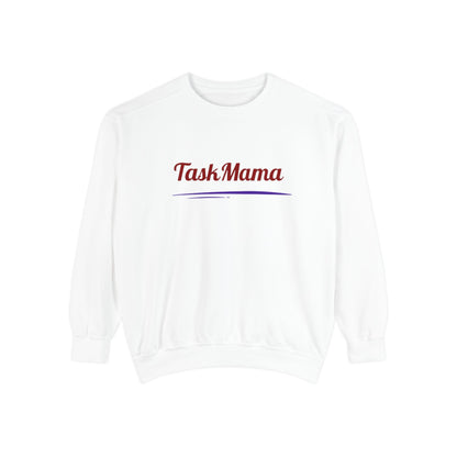 White sweatshirt with 'Task Mama' text on a white background