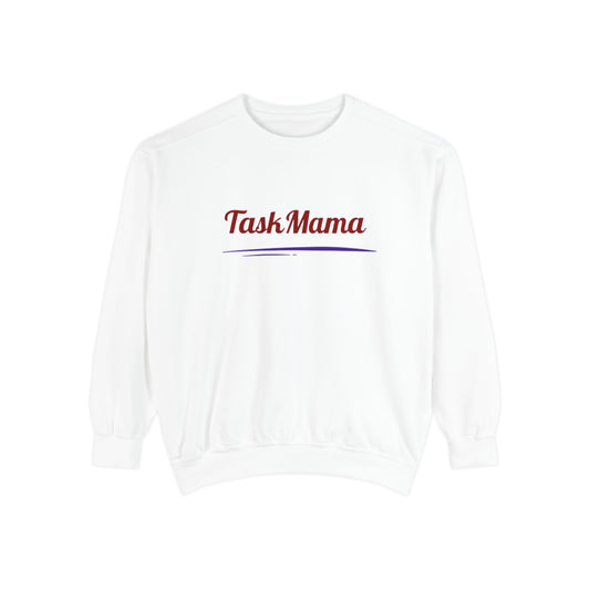 White sweatshirt with 'Task Mama' text on a white background