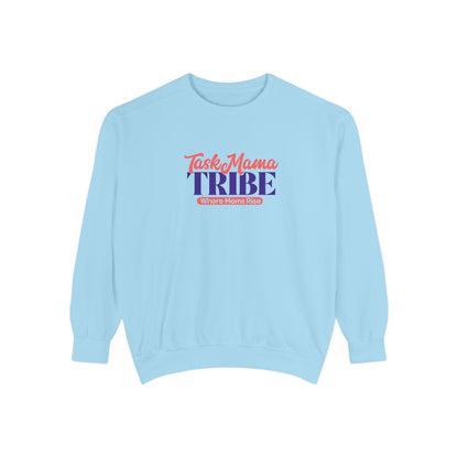 Light blue sweatshirt with 'Task Mama Tribe' text on a white background