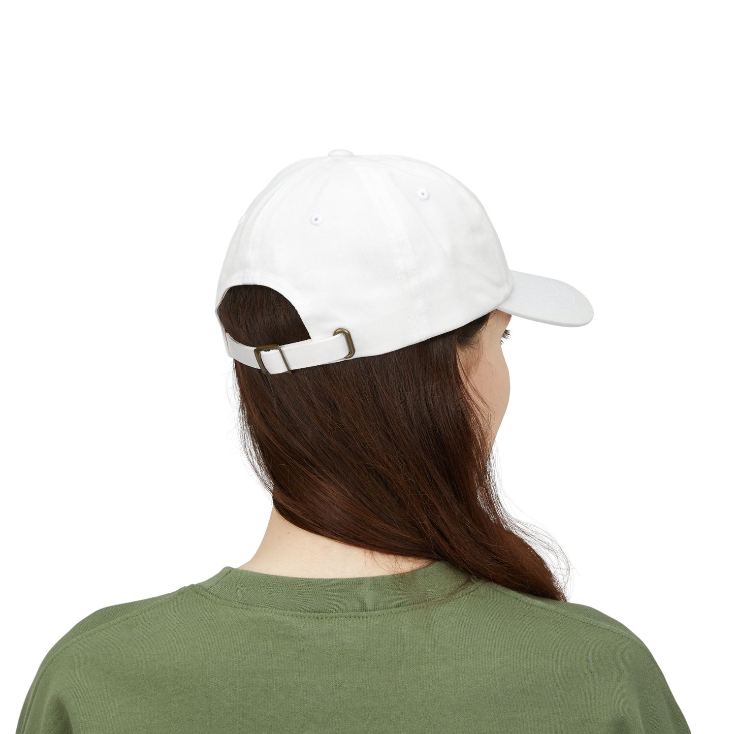 Person wearing a white cap and green shirt on a white background