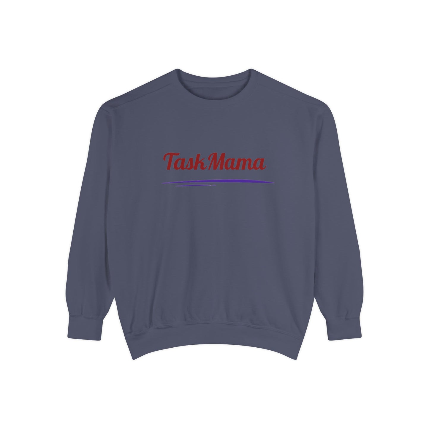 Navy blue sweatshirt with 'Task Mama' text on a white background