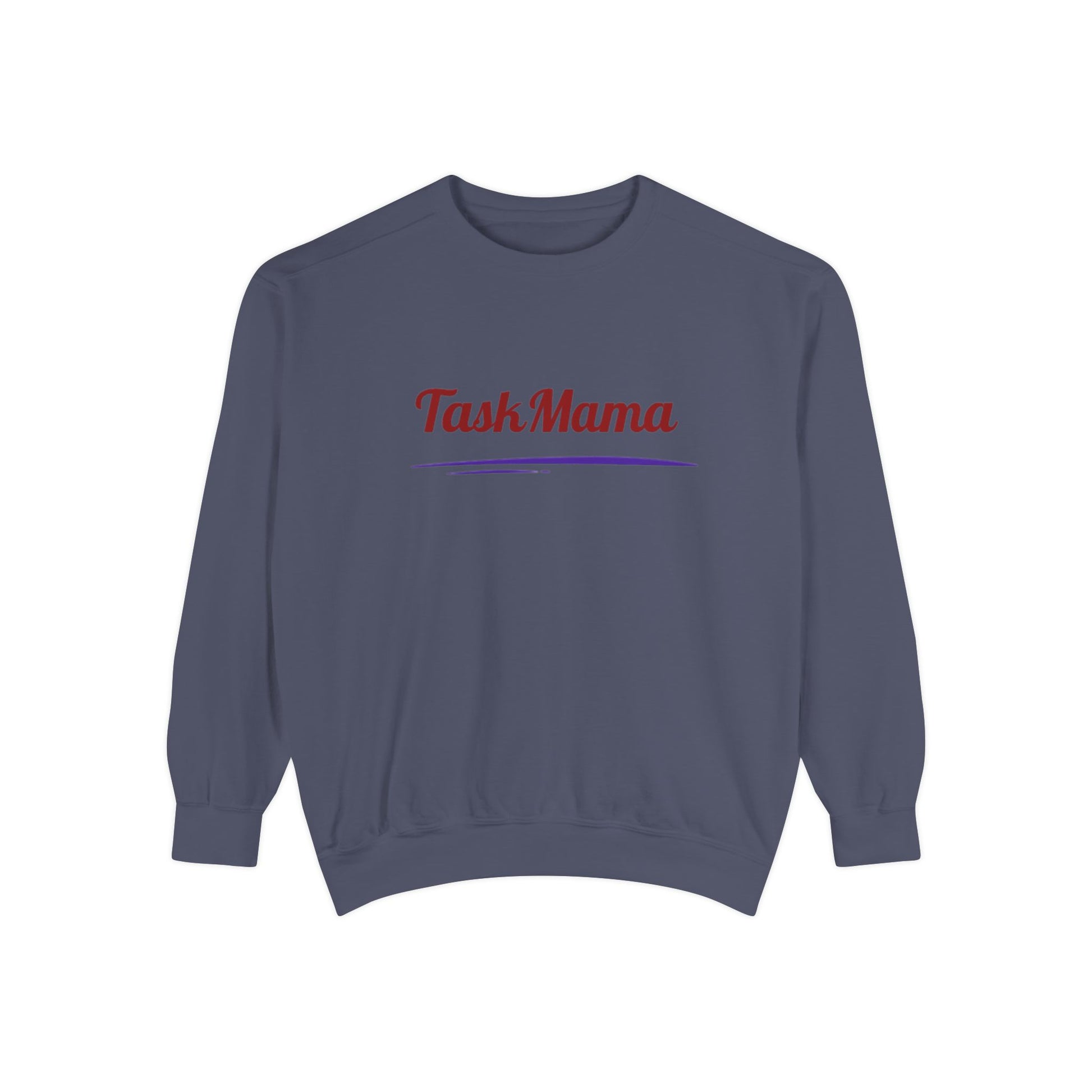 Navy blue sweatshirt with 'Task Mama' text on a white background