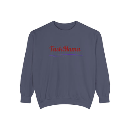Navy blue sweatshirt with 'Task Mama' text on a white background