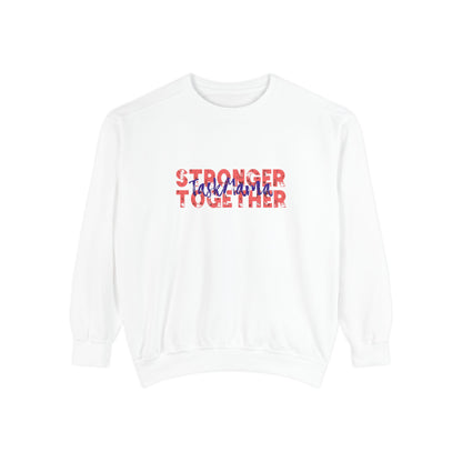 White sweatshirt with 'Stronger Together' text in red and blue on a white background