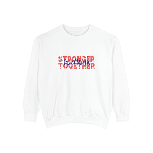 White sweatshirt with 'Stronger Together' text in red and blue on a white background