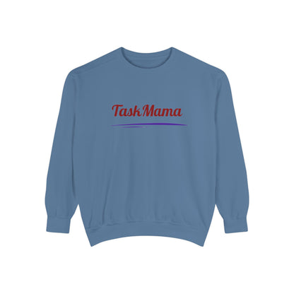 Blue sweatshirt with 'Task Mama' text on a white background