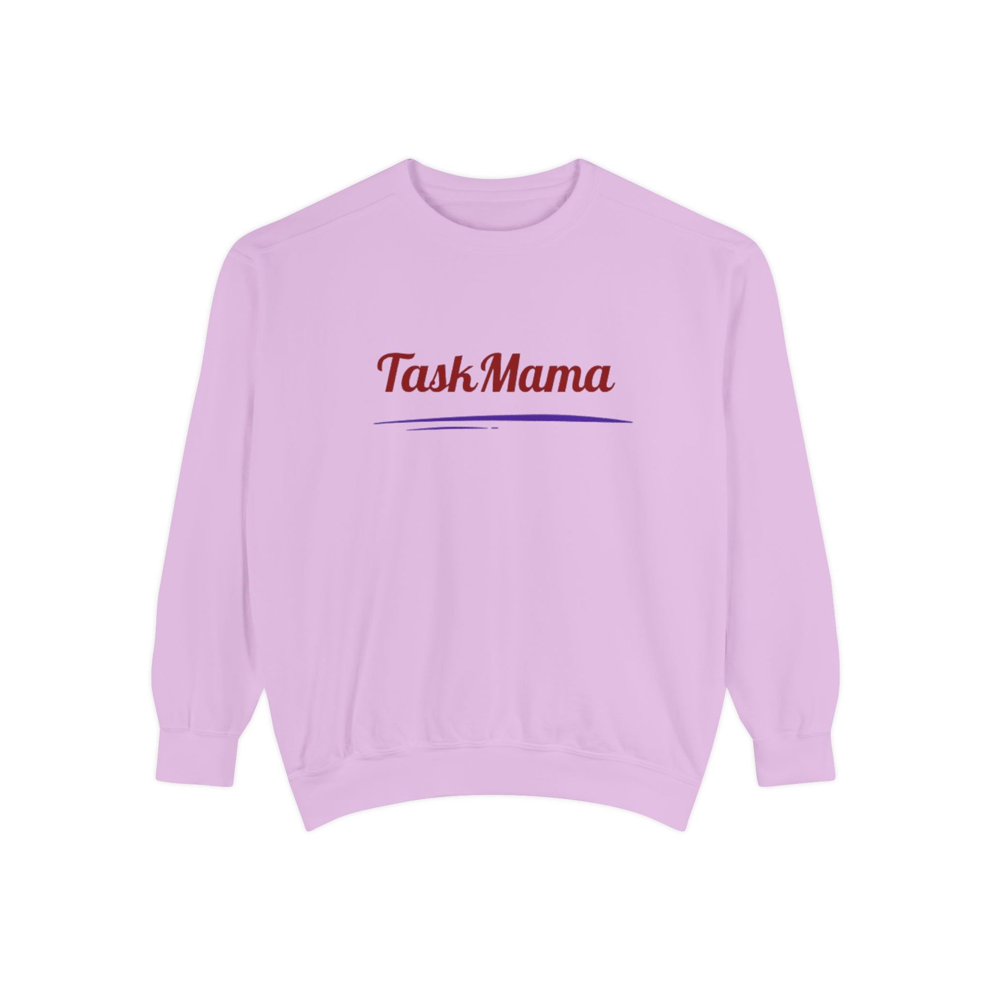 Lavender sweatshirt with 'Task Mama' text on a white background