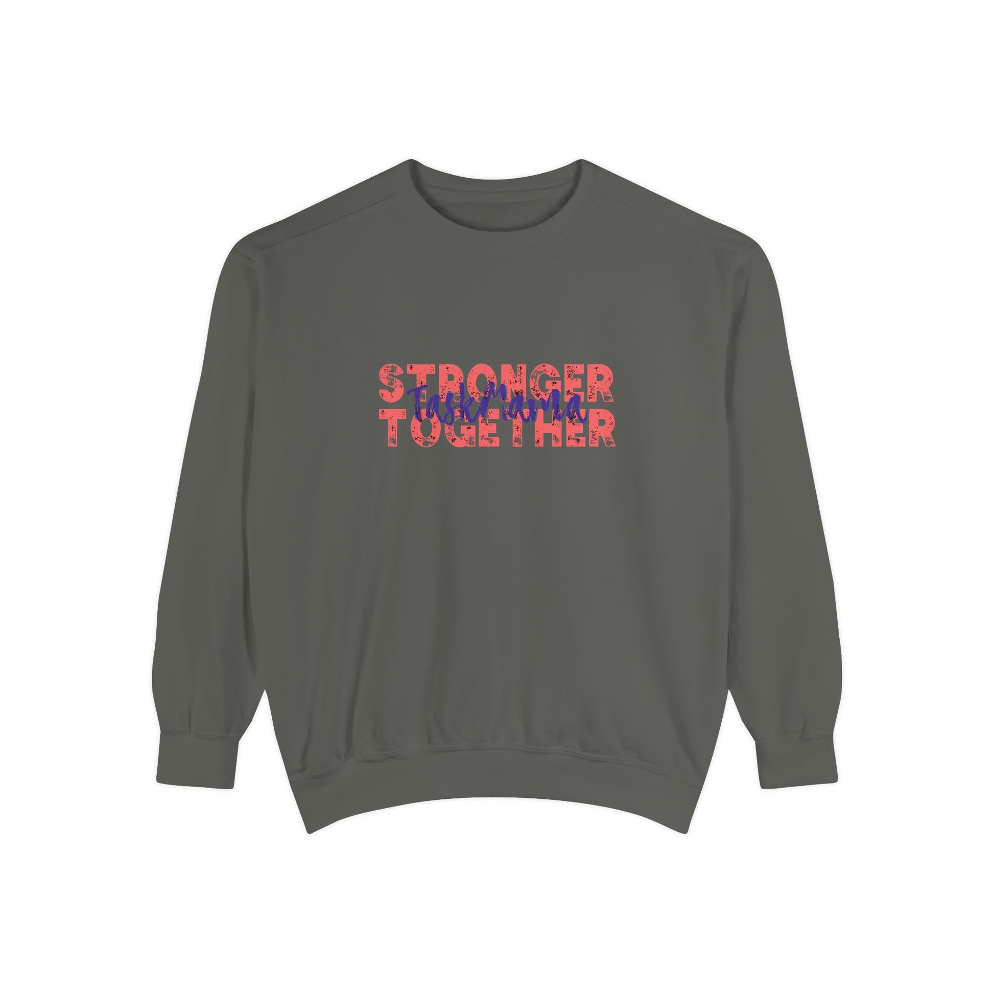 Gray sweatshirt with 'Stronger Together' text in red and pink on a white background