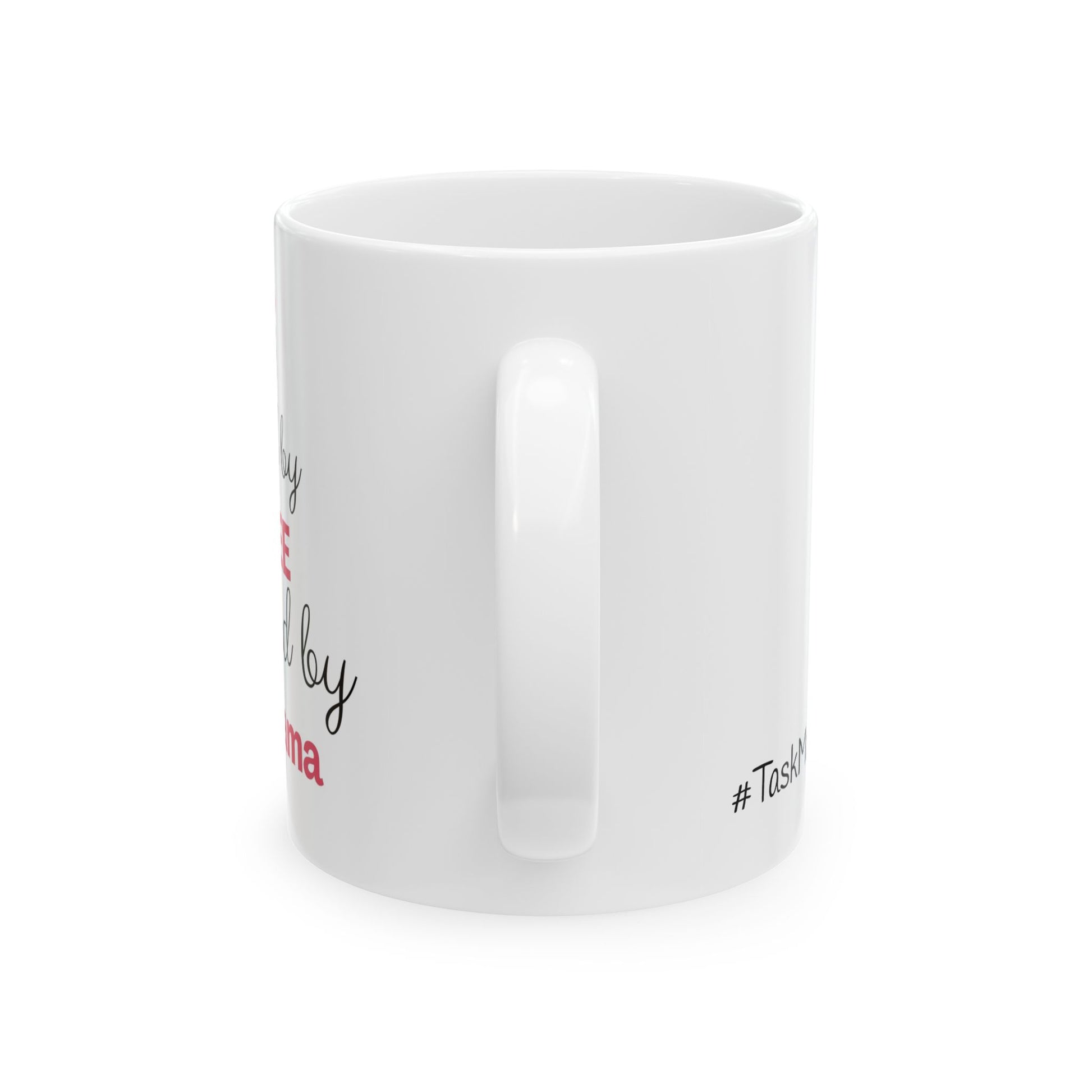 White mug with text on a white background