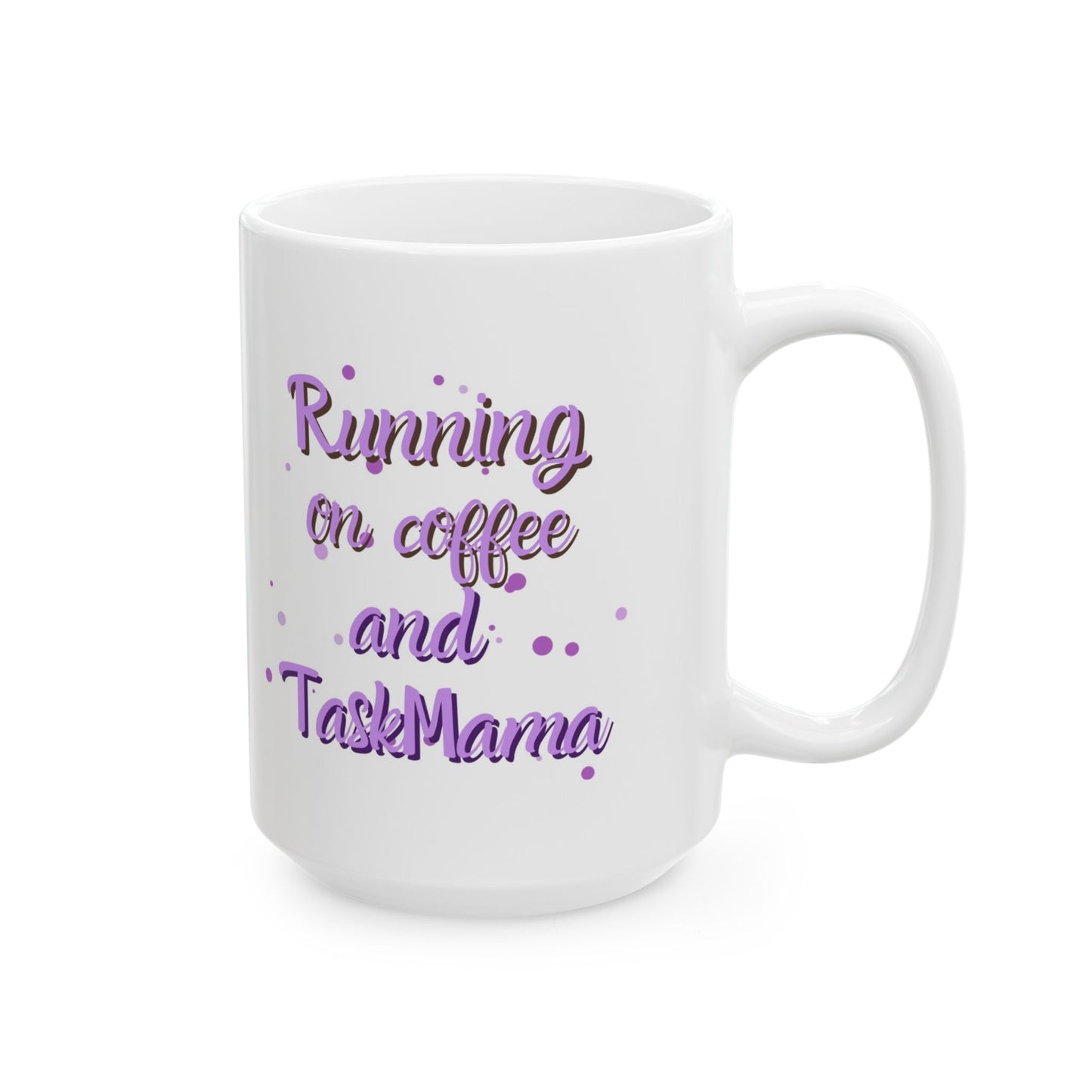 White mug with 'Running on coffee and TaskMama' text, surrounded by Halloween-themed treats and pumpkins.