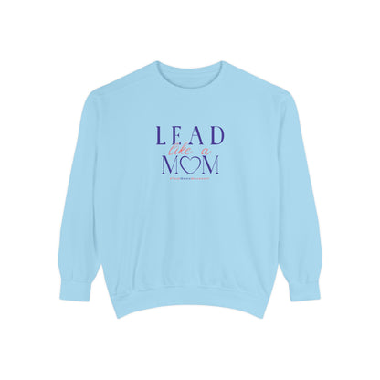 Light blue sweatshirt with 'Lead like a mom' text on a white background