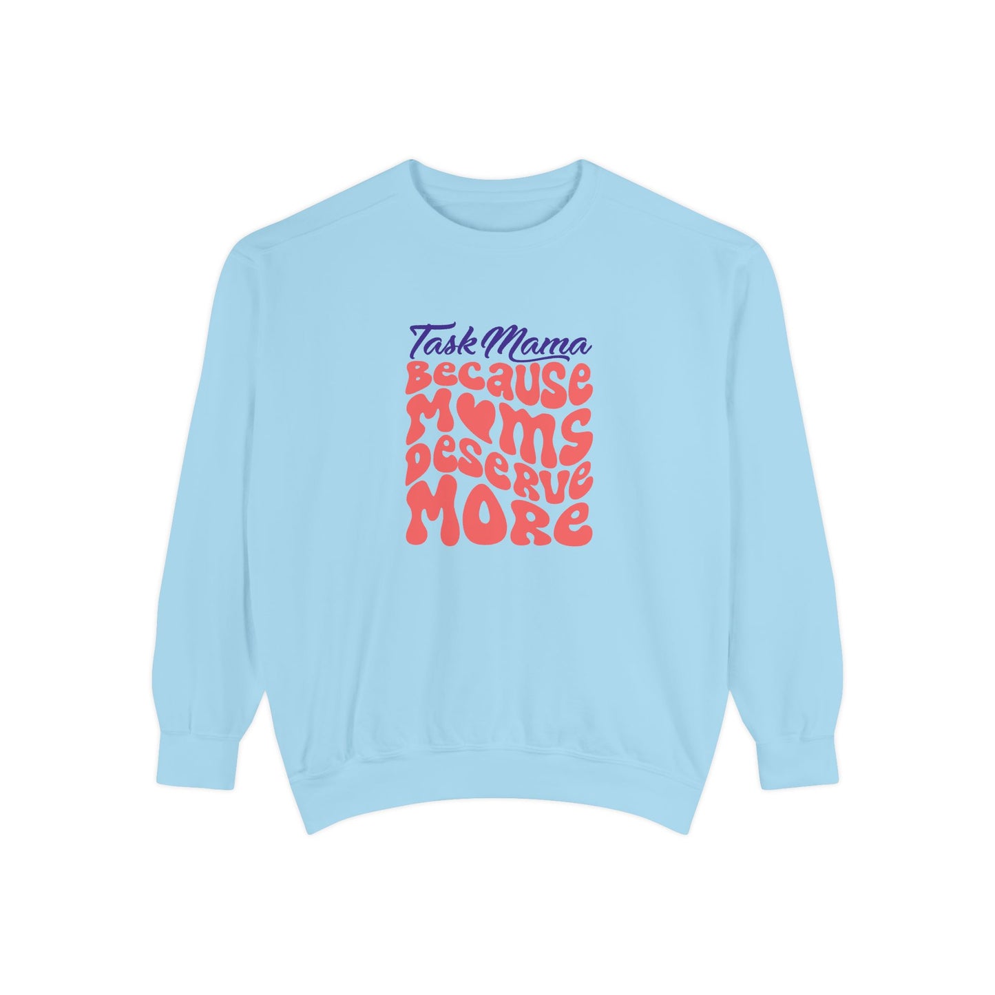 Light blue sweatshirt with colorful text on a white background