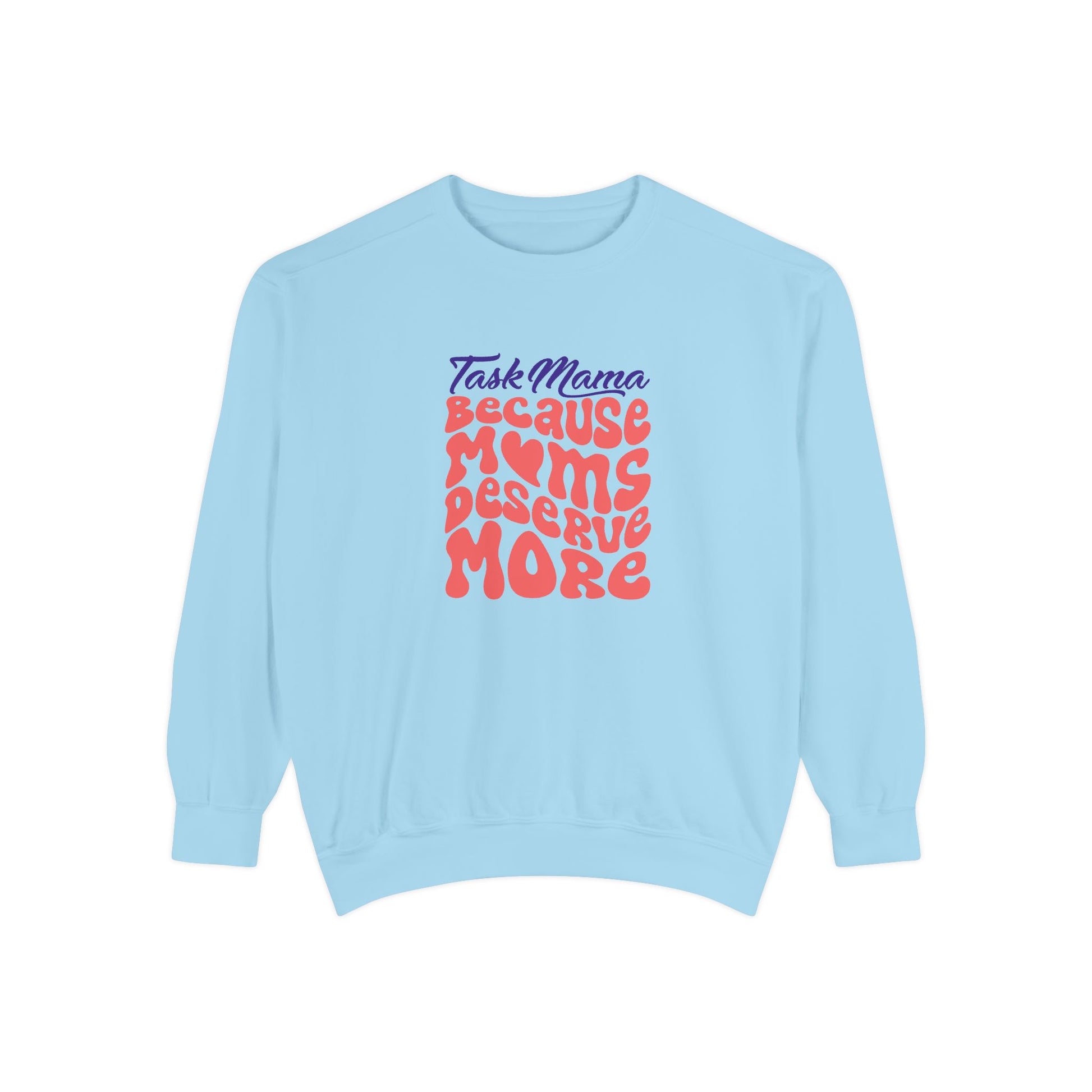 Light blue sweatshirt with colorful text on a white background