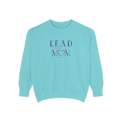 Light blue sweatshirt with 'Lead Like a Mom' text on a white background
