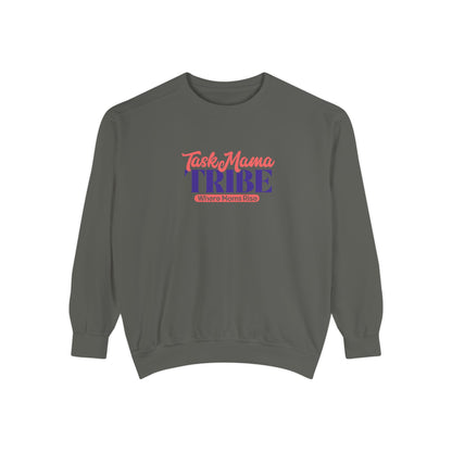 Gray sweatshirt with 'Task Mama TRIBE' text on a white background