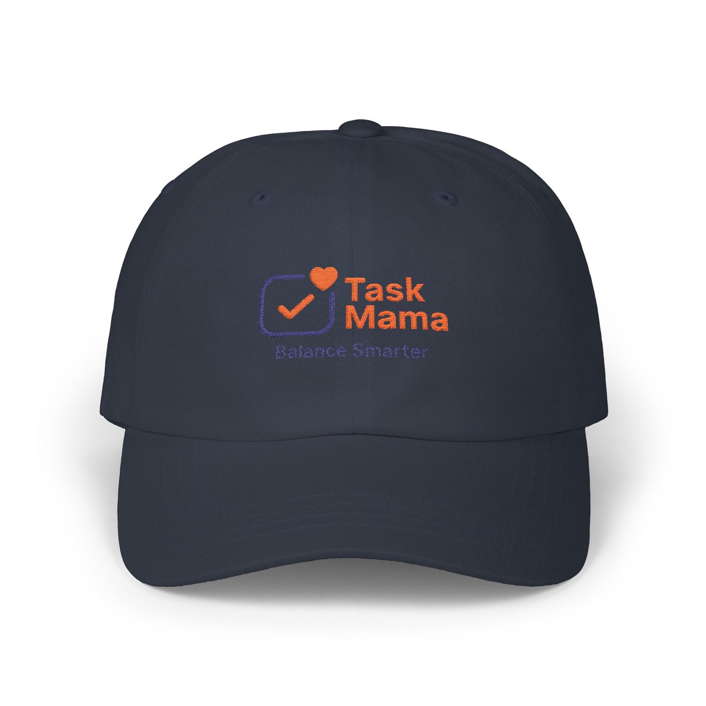 Navy blue cap with 'Task Mama' logo on a white background