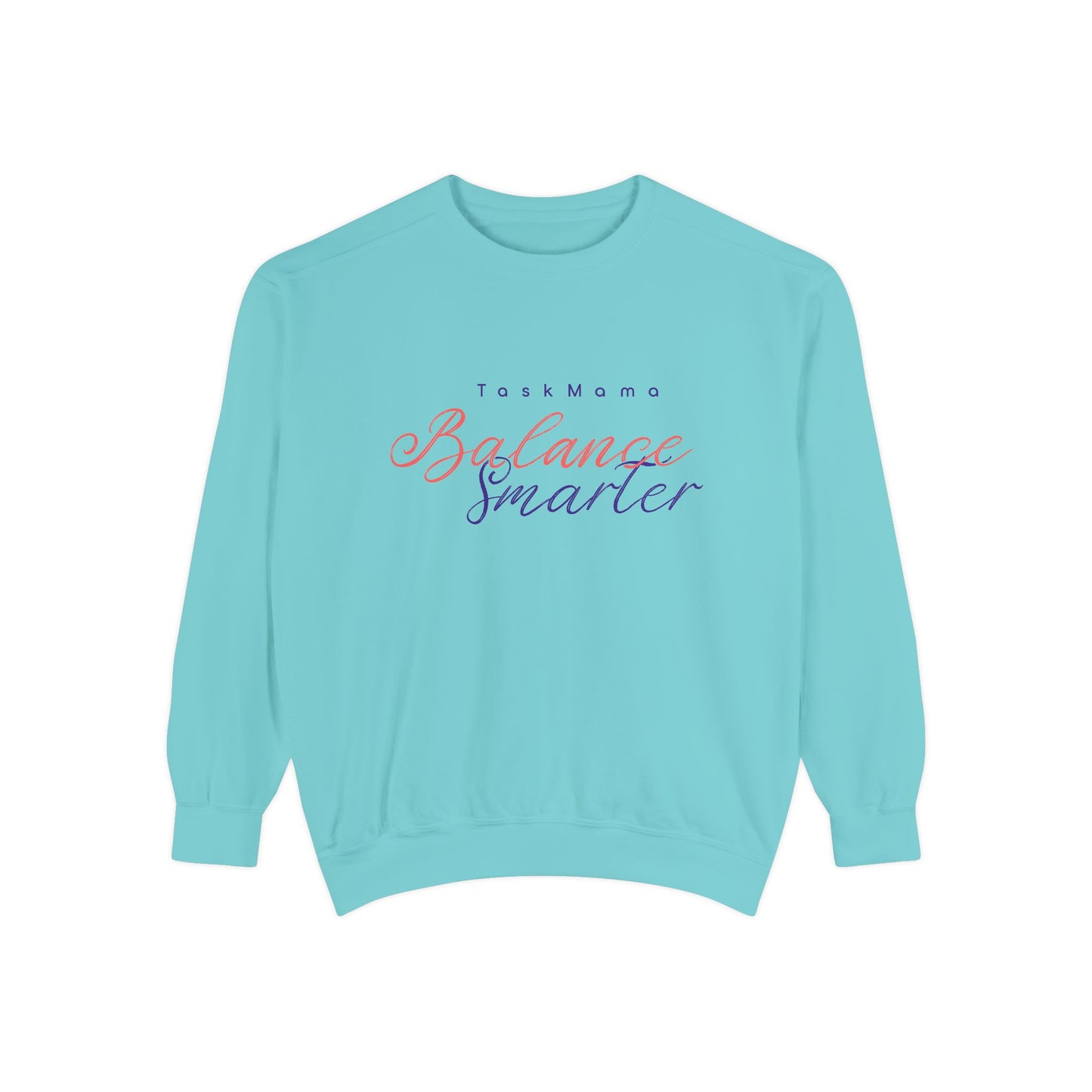 Light blue sweatshirt with text on a white background