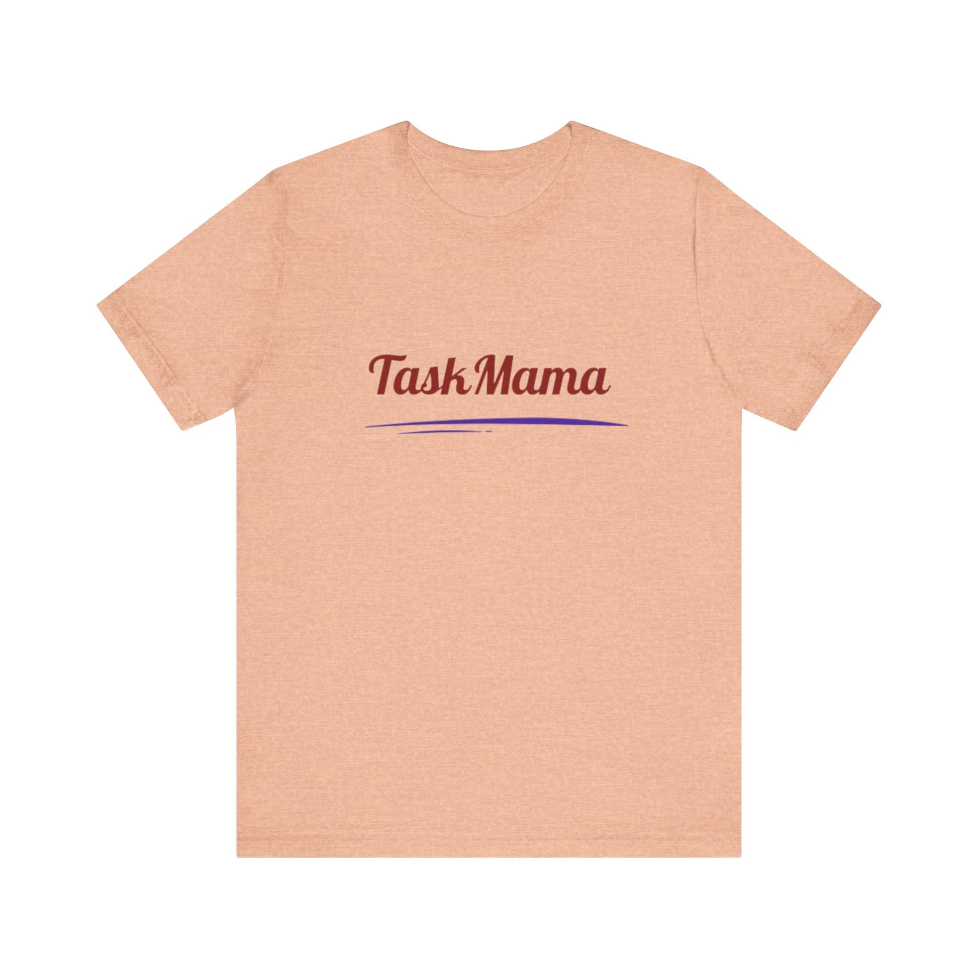 Beige t-shirt with 'Task Mama' text on a white background