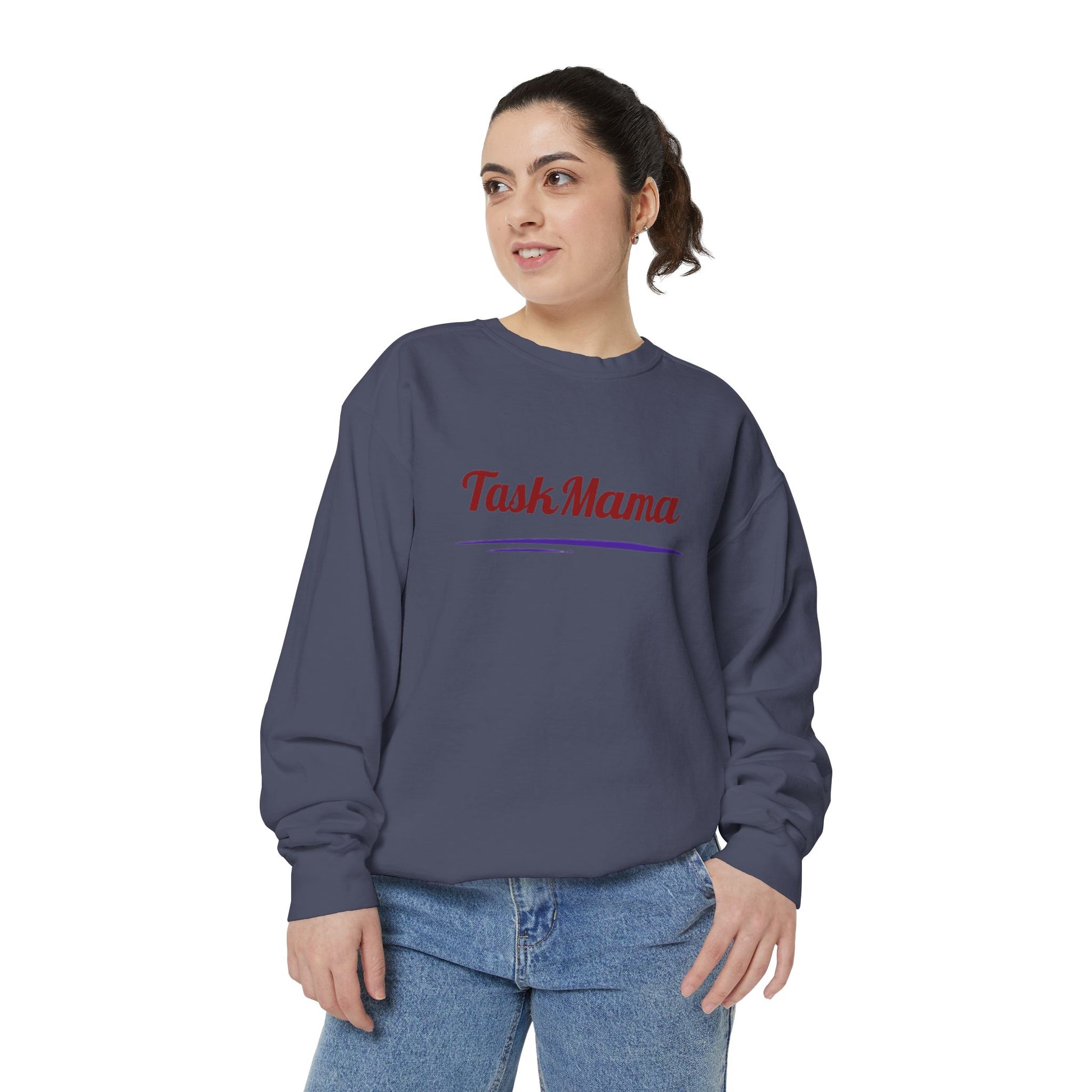 Woman wearing a navy sweatshirt with 'Fash Mama' text on a white background