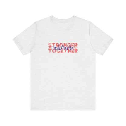White t-shirt with 'Stronger Together' text in red and blue on a white background