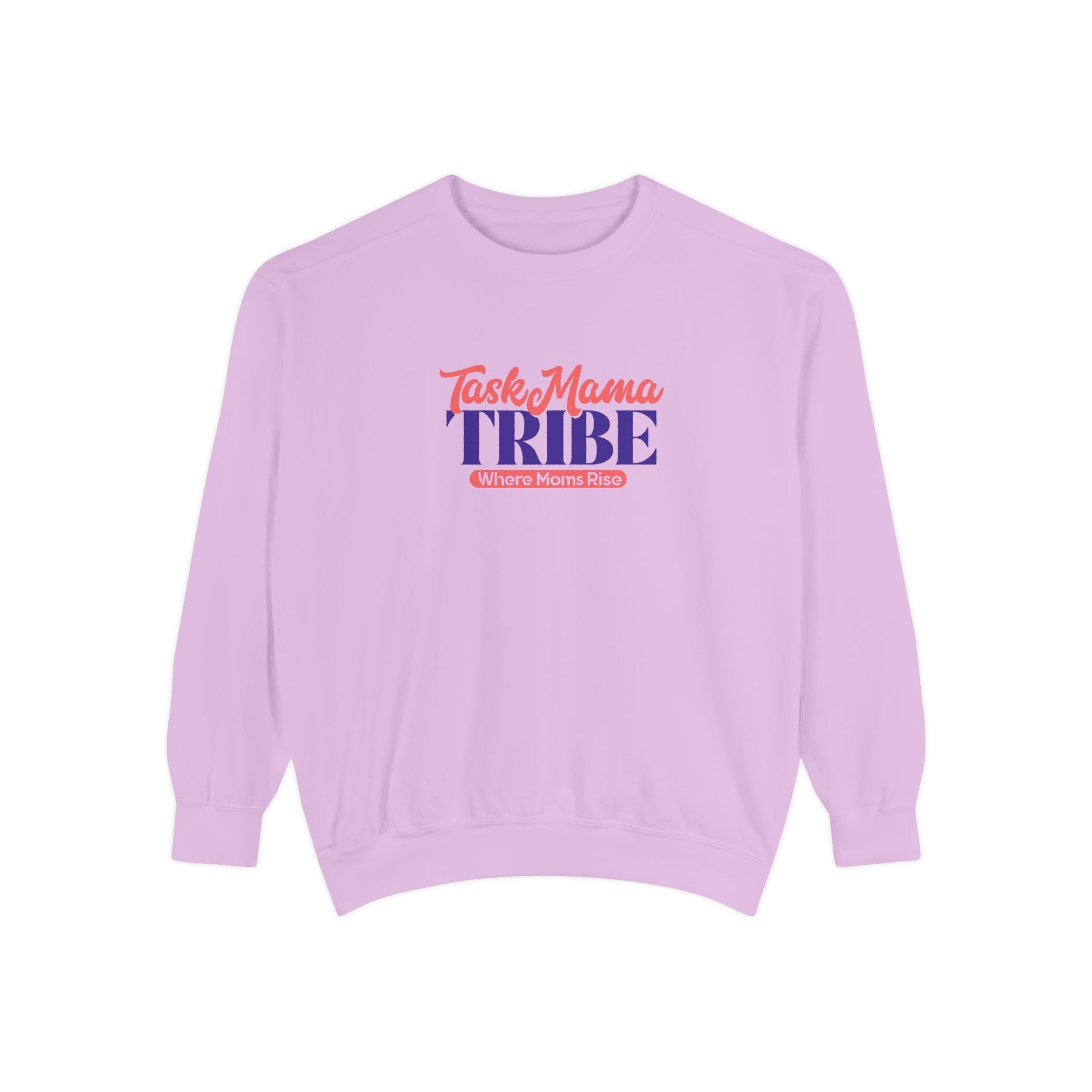 Purple sweatshirt with 'Task Mama Tribe' text on a white background