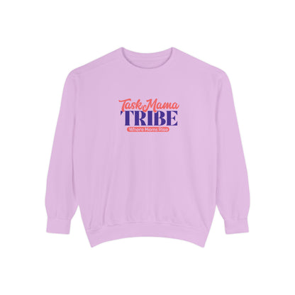 Purple sweatshirt with 'Task Mama Tribe' text on a white background