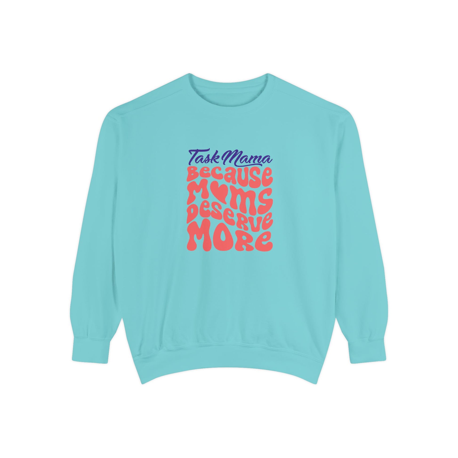 Light blue sweatshirt with colorful text on a white background
