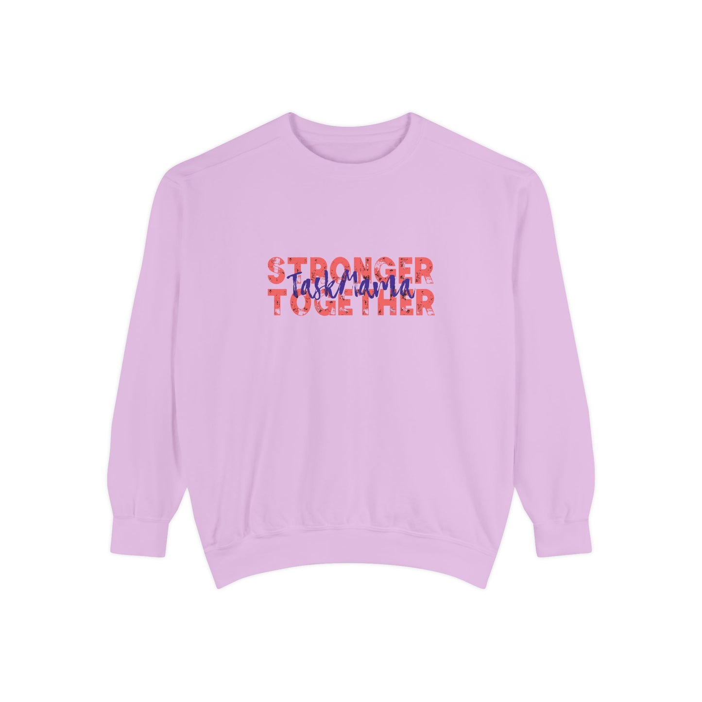 Purple sweatshirt with text 'Stronger Together' on a white background